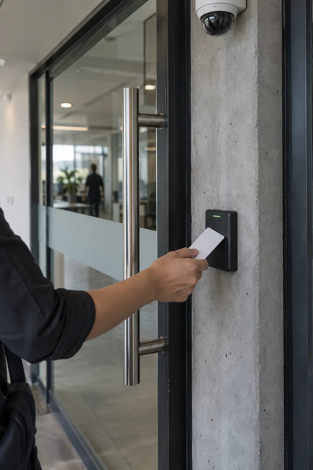 A person tapping an access card at an office entrance, with a card reader and dome security camera