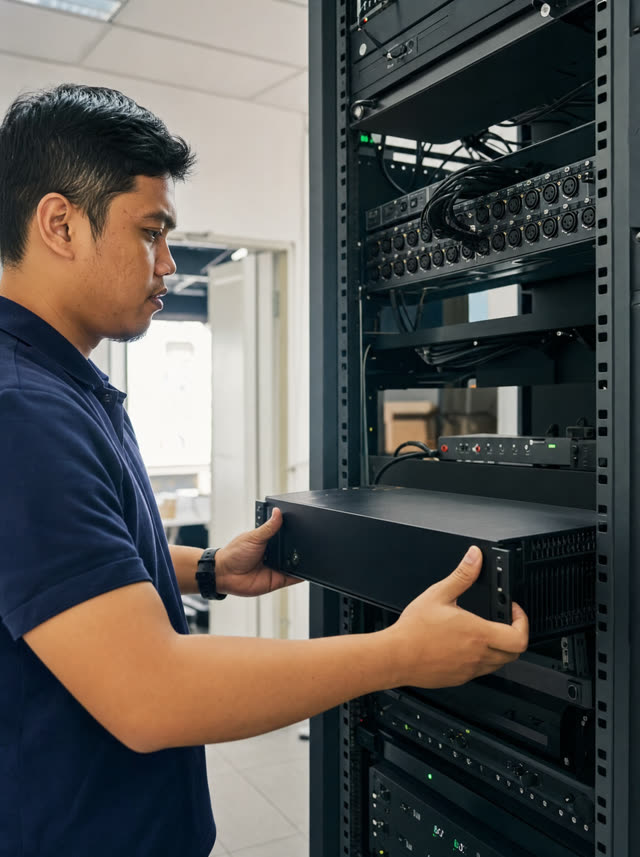 Dathermark engineer installing AV equipment into a rack