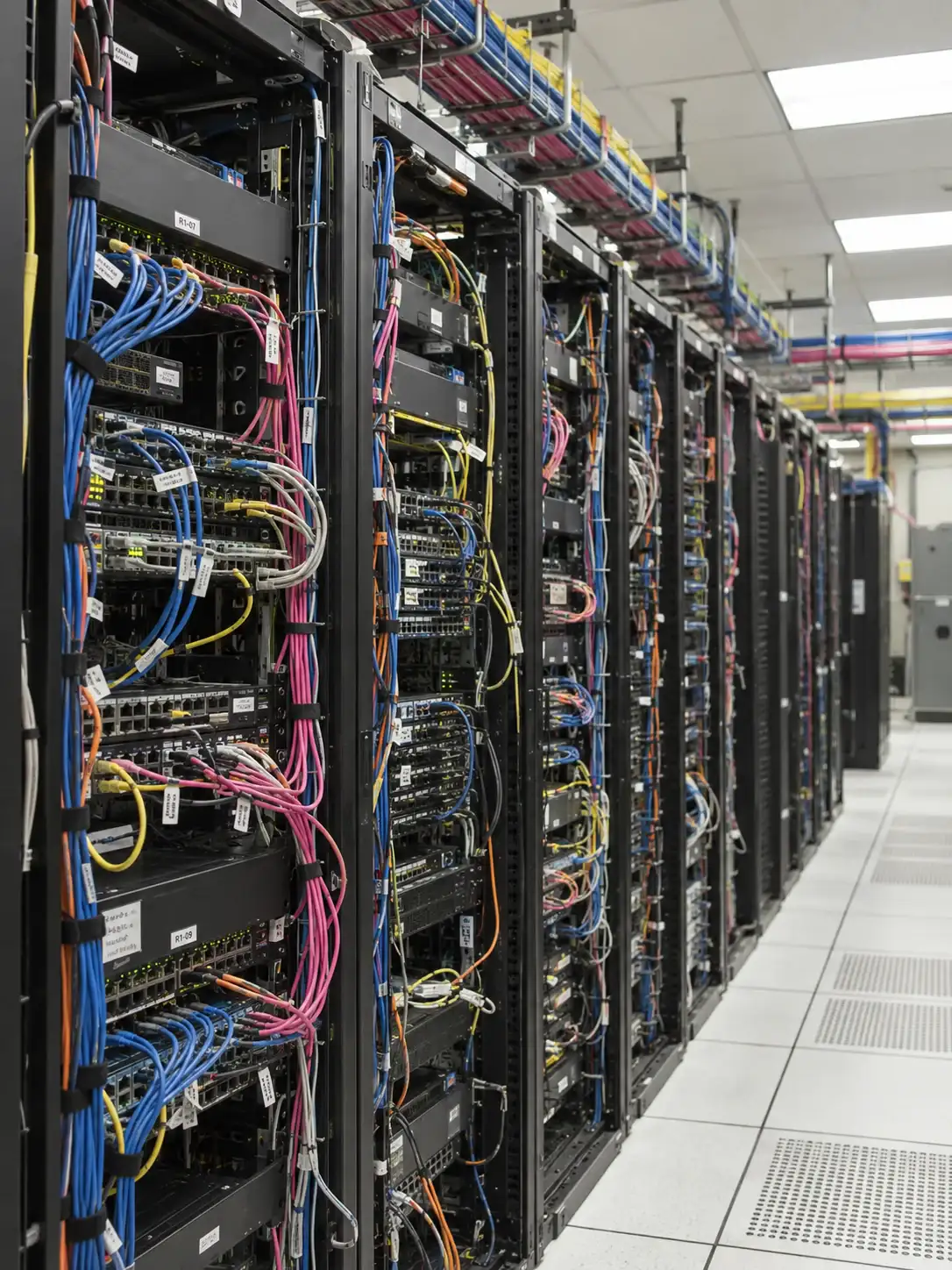 Server and network racks packed with mixed-colour patch cabling in a working comms room