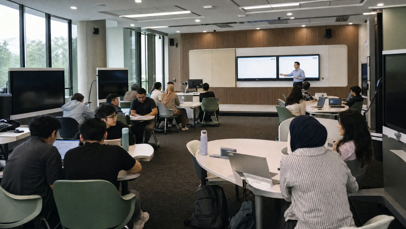 Students at round tables in a classroom while a lecturer presents on two wall mounted displays