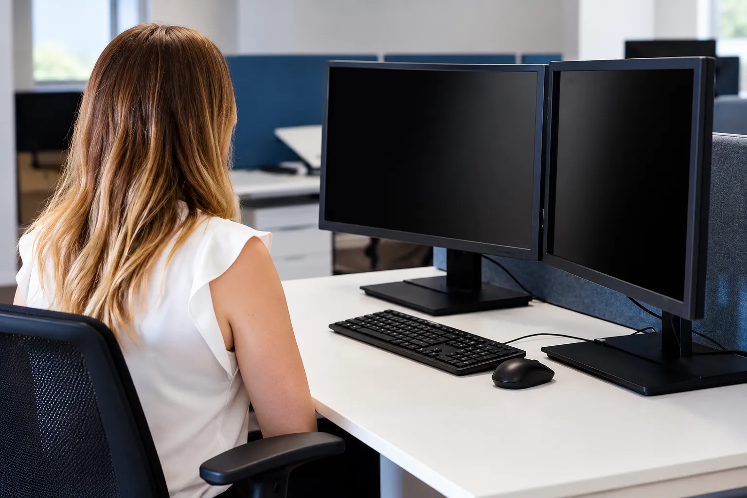 Office worker at a desk with two monitors fitted with privacy filters, the screens dark from the side